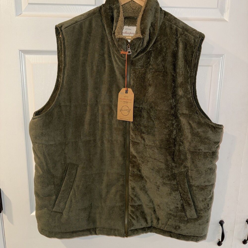 Weatherproof Vintage Mens Olive Green Corduroy Puffer Sherpa Zip Vest XXL NWT